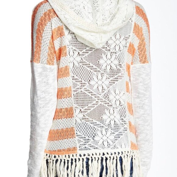 Miss Me Size Medium Stripe Knit Hooded Sweater Crochet Fringe Boho Gauze Cream - Picture 7 of 9